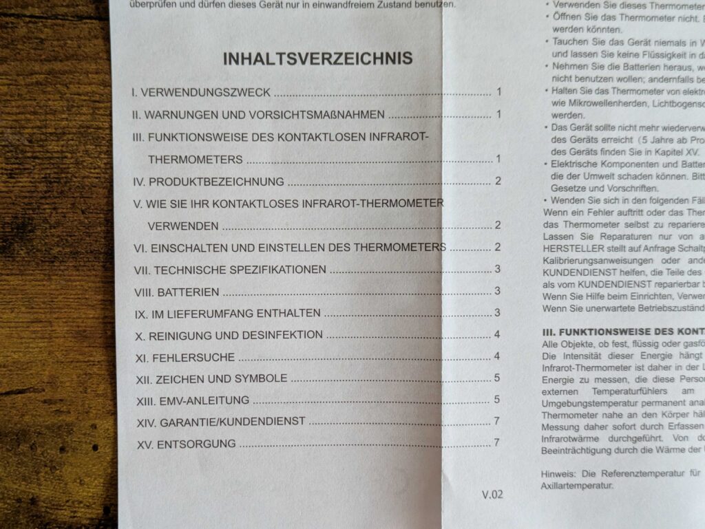 Anleitung des Berrcom JXB-178 Stirnthermometers geöffnet Verzeichnis
