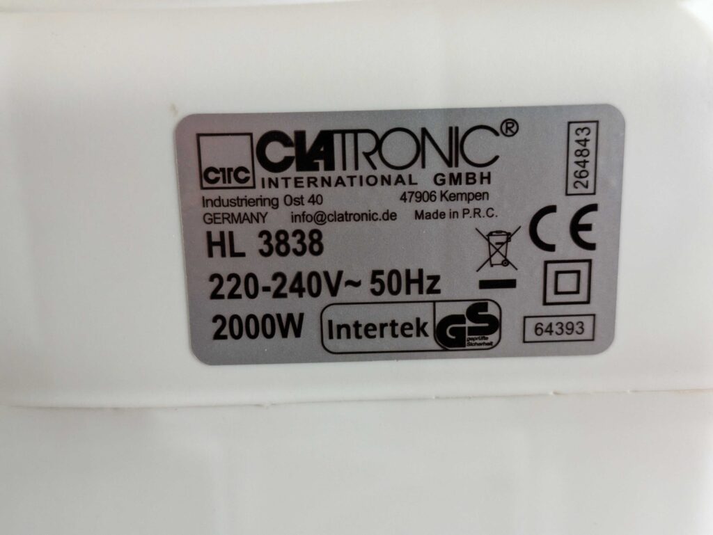 Typschild des Clatronic HL3838 Heizlüfters