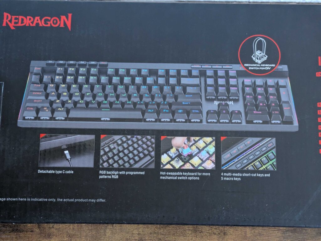 Verpackung der Redragon K580 VATA Gaming-Tastatur in der Nahansicht