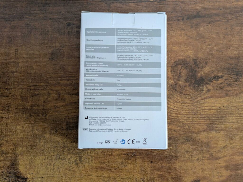 Verpackung des Berrcom JXB-178 Stirnthermometers von hinten