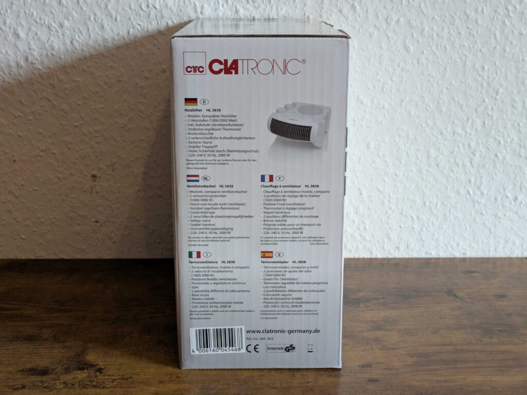 Verpackung des Clatronic HL3838 Heizlüfters von links