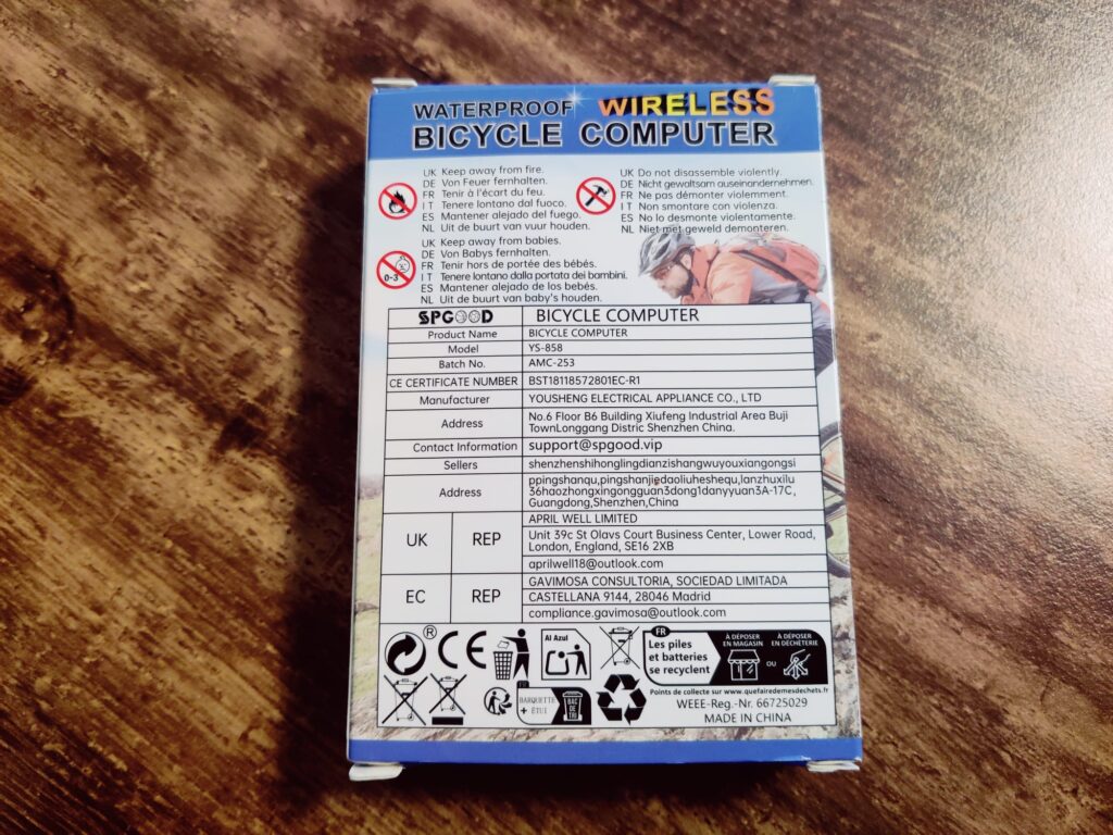 SPGOOD YS-858 Fahrradcomputer Verpackung Rückseite