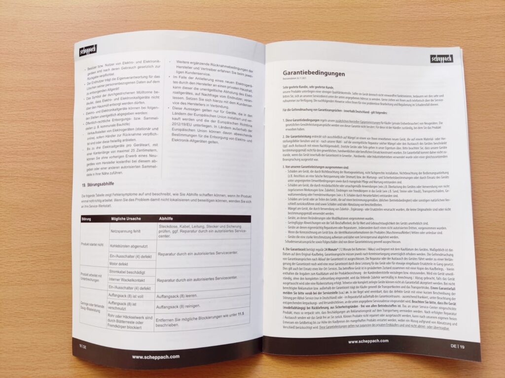 Scheppach BLV3000E Laubsauger Garantiebedingungen