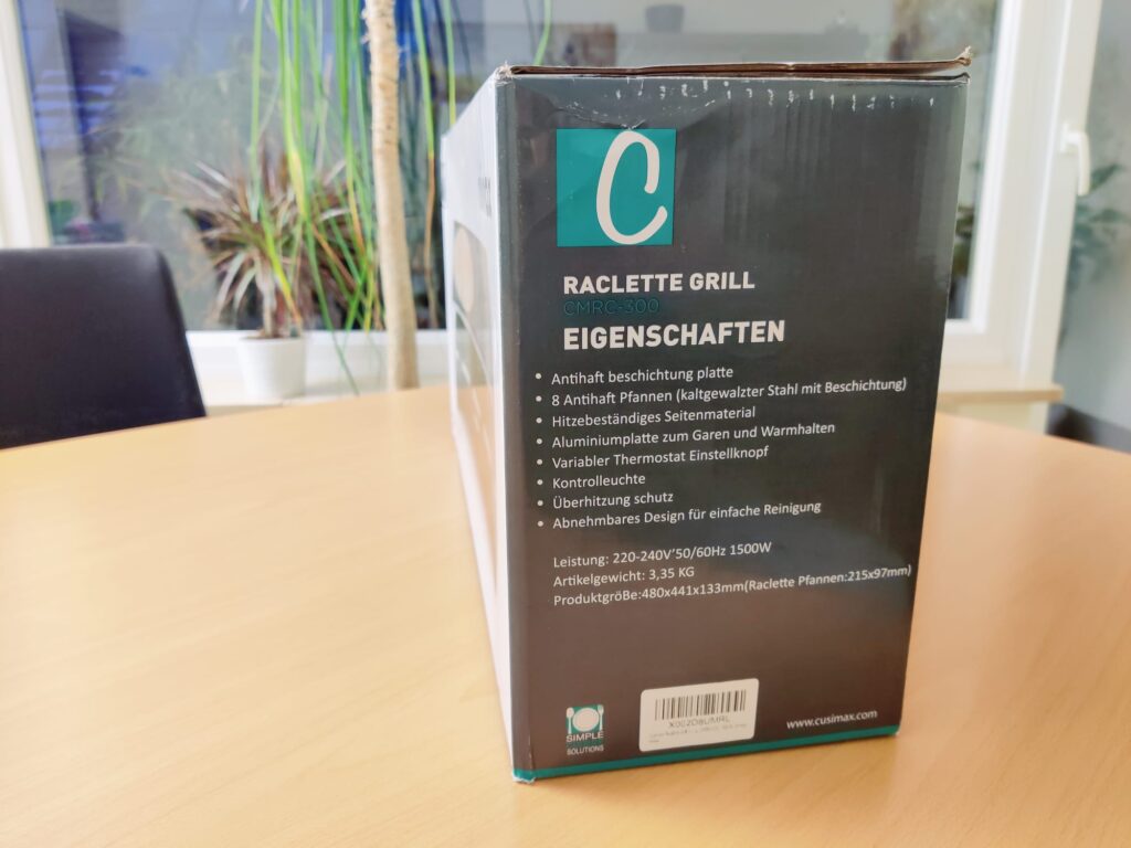 Cusimax CMRC-300 Raclette Verpackung von der Seite