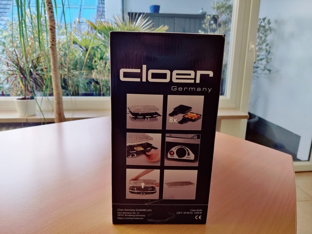 Cloer 6430 Raclette Verpackung von der Seite