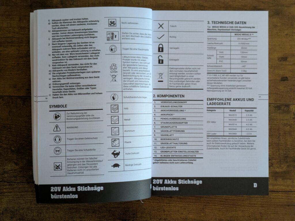 Anleitung der WORX Nitro WX542 Stichsäge geöffnet