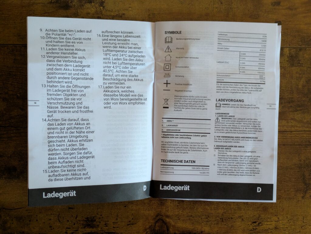 Anleitung des Ladegerätes der WORX Nitro WX542 Stichsäge geöffnet