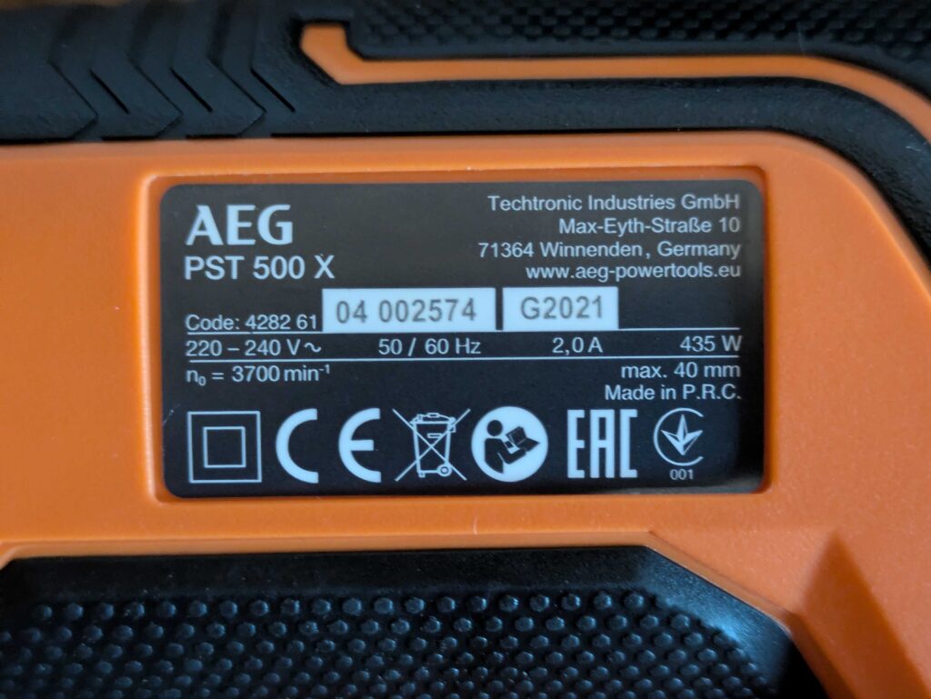 Label der AEG PST 500 Stichsäge