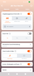 JBL Tour One M3 Noise-Cancelling-Kopfhörer App Screenshot