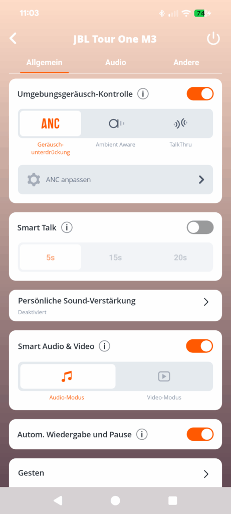 JBL Tour One M3 Noise-Cancelling-Kopfhörer App Screenshot