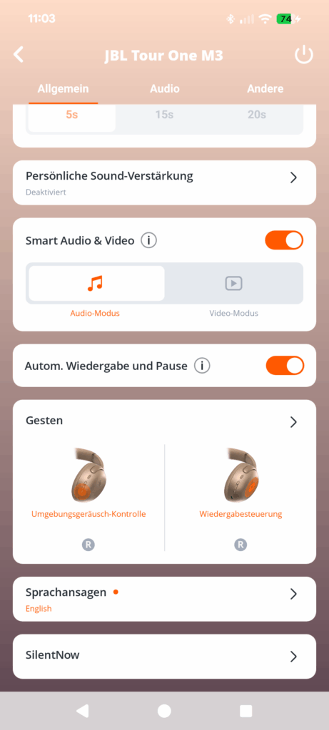 JBL Tour One M3 Noise-Cancelling-Kopfhörer App Screenshot