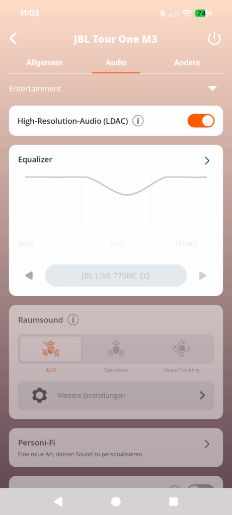 JBL Tour One M3 Noise-Cancelling-Kopfhörer App Screenshot