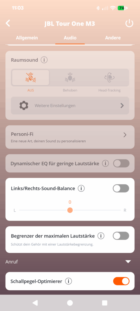 JBL Tour One M3 Noise-Cancelling-Kopfhörer App Screenshot