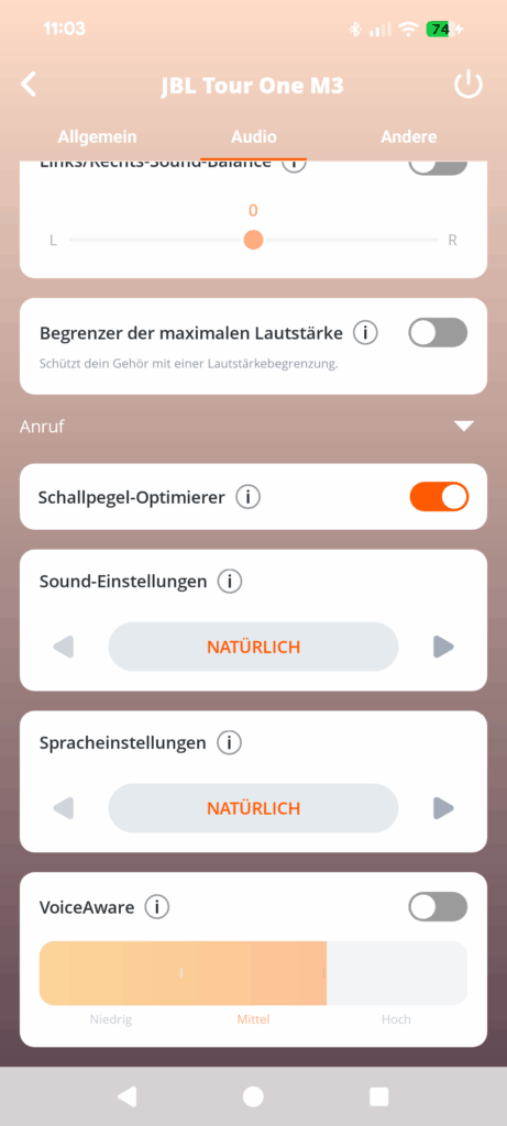 JBL Tour One M3 Noise-Cancelling-Kopfhörer App Screenshot