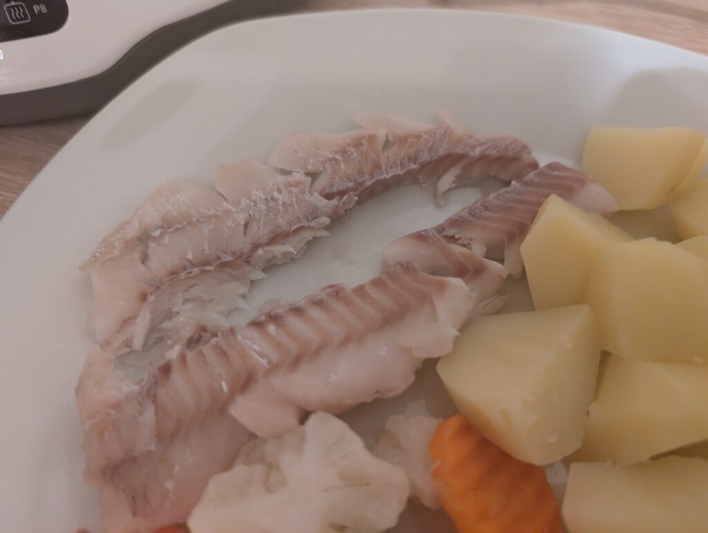 Tefal Convenient Series Deluxe VC502D Dampfgarer Detailaufnahme gegarter Fisch