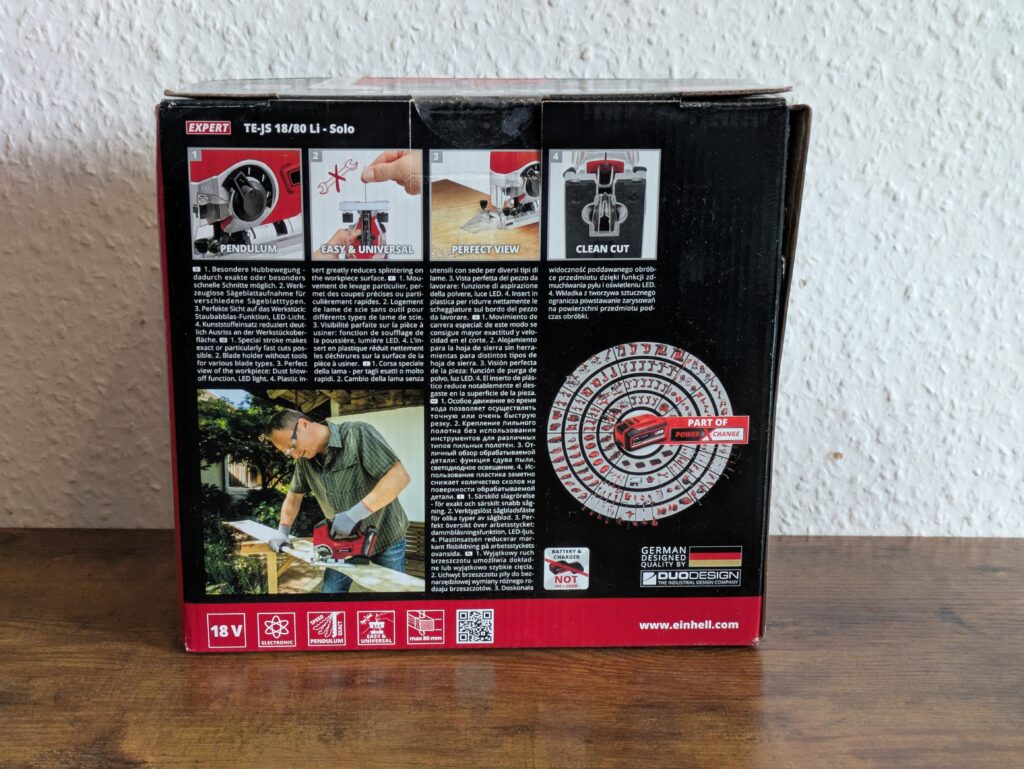 Verpackung der Einhell TE-JS 1880 Li – Solo Stichsäge von hinten