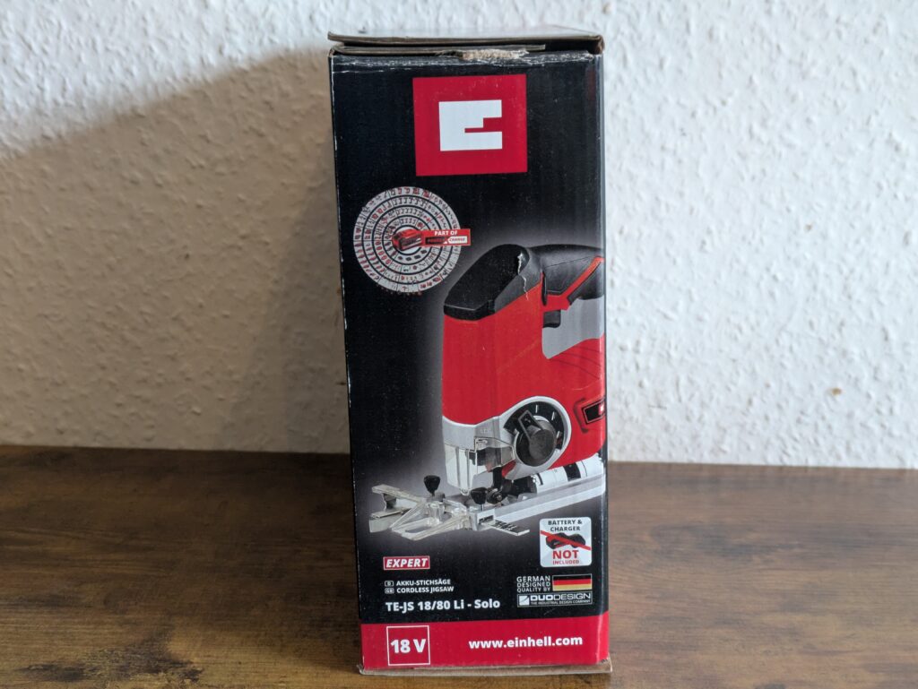Verpackung der Einhell TE-JS 1880 Li – Solo Stichsäge von rechts