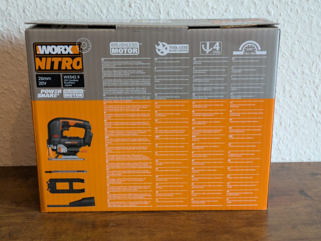 Verpackung der WORX Nitro WX542 Stichsäge von hinten