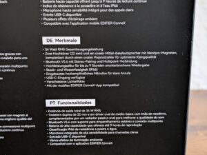 Verpackung des Edifier ES60 Lautsprechers von rechts in der Nahansicht