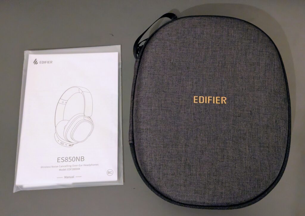 Edifier ES850NB Noise-Cancelling-Kopfhörer Aufbewahrungstasche und Bedienungsanleitung