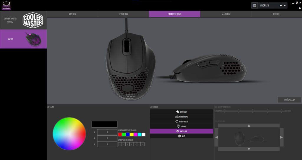 Cooler Master MM720 Gaming-Maus Software Beleuchtung Farbauswahl