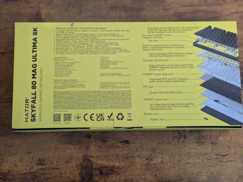 Verpackung der HATOR Skyfall 80 MAG Ultima 8K Gaming-Tastatur von hinten