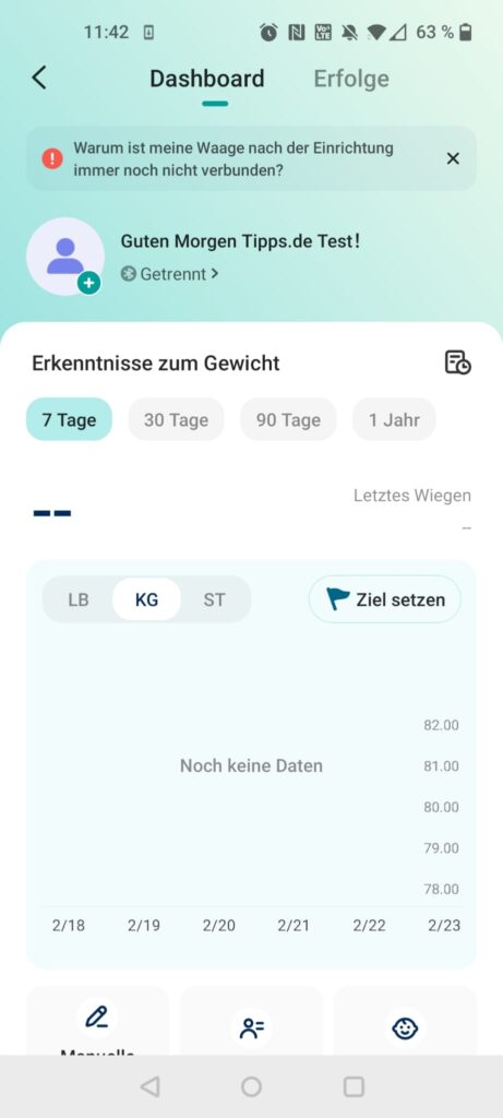 Etekcity EFS-C651-KDE Körperfettwaage App Dashboard