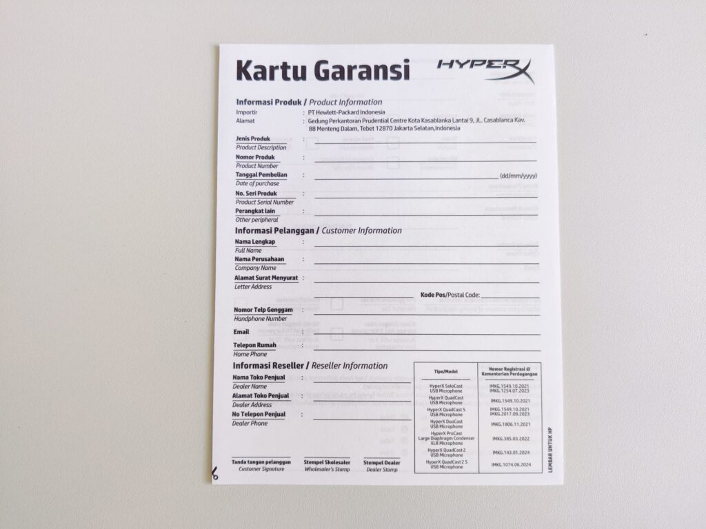 HyperX QuadCast 2 S Mikrofon Garantiekarte