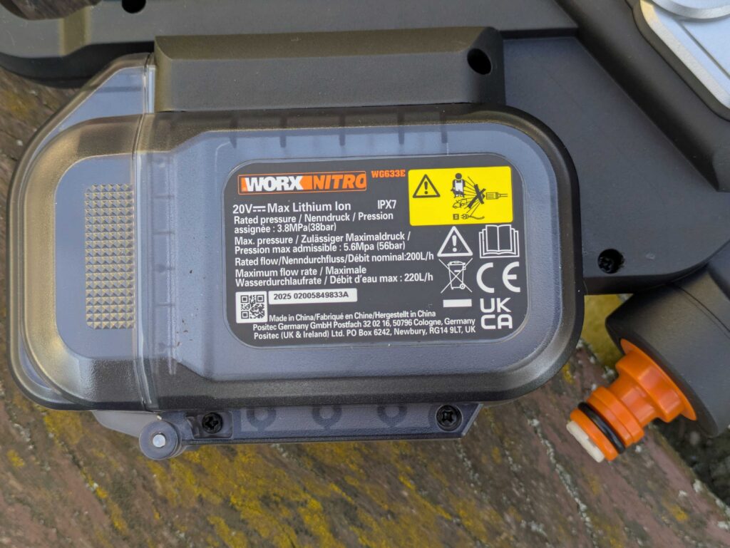 WORX WG633E Hydroshot Akku-Hochdruckreiniger Typschild