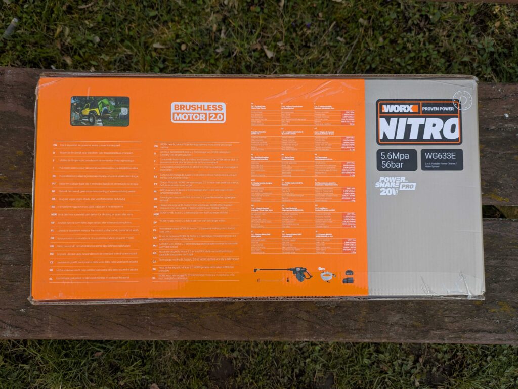 WORX WG633E Hydroshot Akku-Hochdruckreiniger Verpackung von hinten